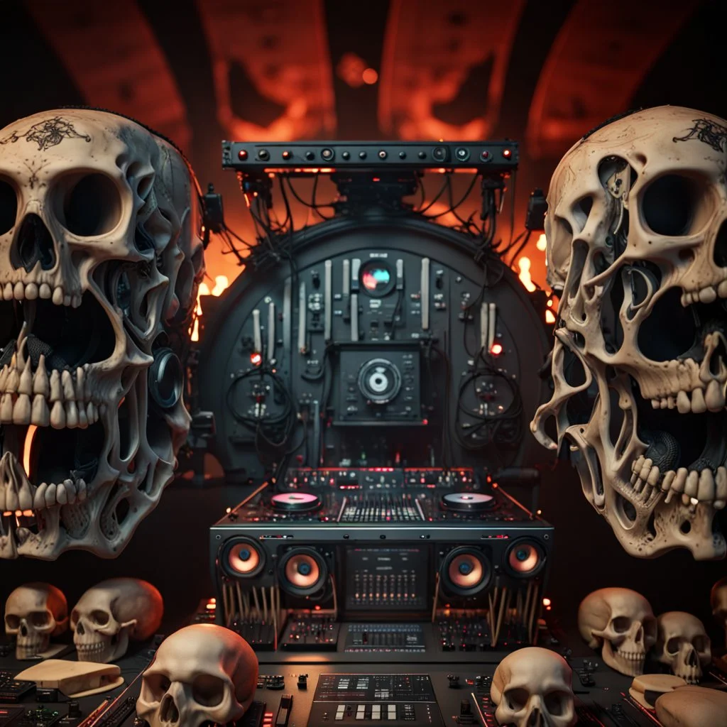 DJ of the damnded, insanely detailed DJ booth in hell, MID set, speakers and equipment made of bone, anatomically correct, add more skulls in th audience, photorealism, vray, 8k 3d