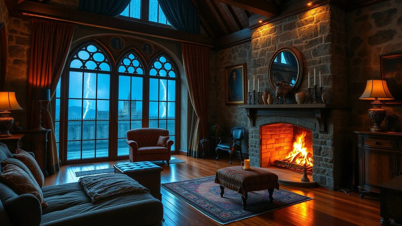 A beautiful and cozy Bedroom in a luxury English Cottage, with Oak wood furniture and rich tapestries. In the center of the room, a stone fireplace casts a warm glow, with flames gently dancing as the fire crackles. Through the arched glass windows, the rain is lashing outside in the darkness, with lightning in the distant night sky. The castle's stone walls and polished wooden floor add a sense of solidity and shelter, creating a serene and peaceful atmosphere. Superb award-winning colour photo