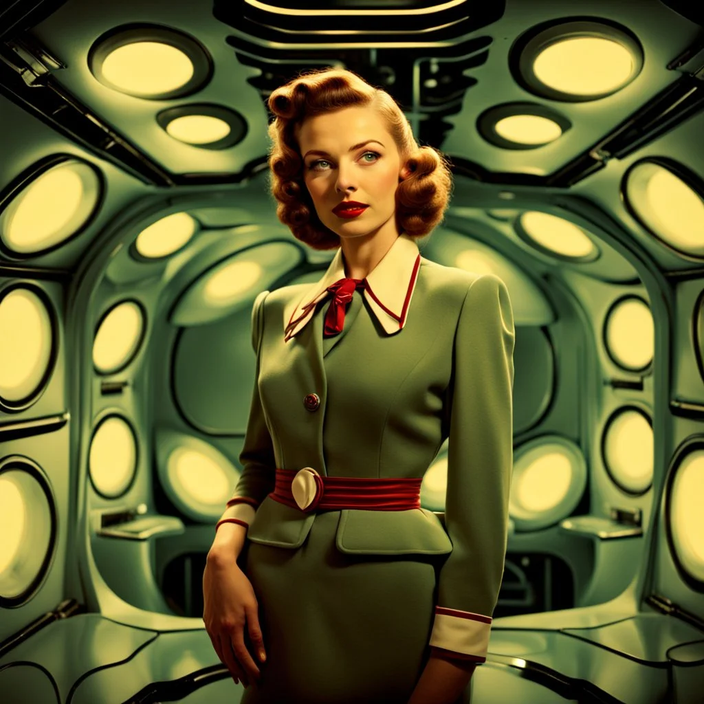 a beautiful 1940s styled woman in futuristic