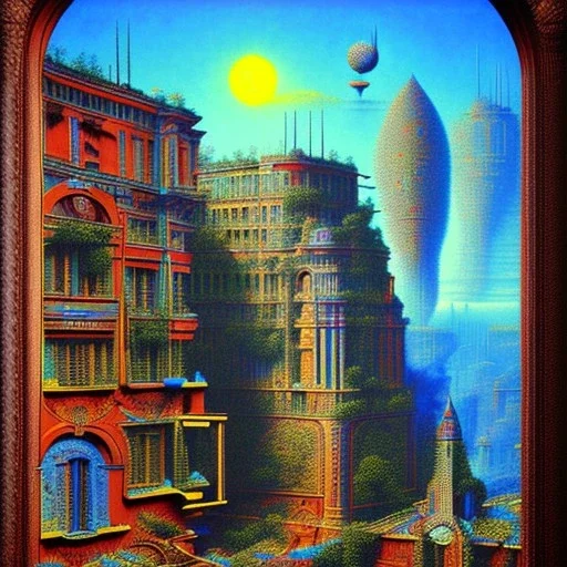 A city Max Ernst decal pointillism bas-relief expressionism