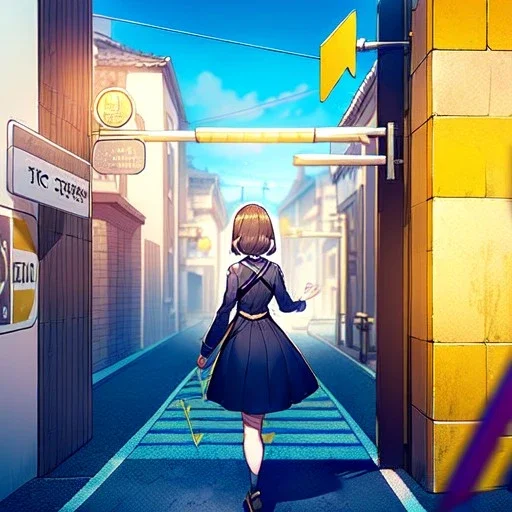 anime girl walking down a yellow brick road, shooting a recurve bow with arrow , road signs, arrows, direction into the street, back facing