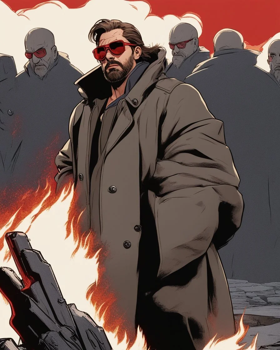 a young man with big muscles who looks like hans gruber wearing a heavy coat and red sunglasses staring with an irritated look on his face standing in front of a large fire