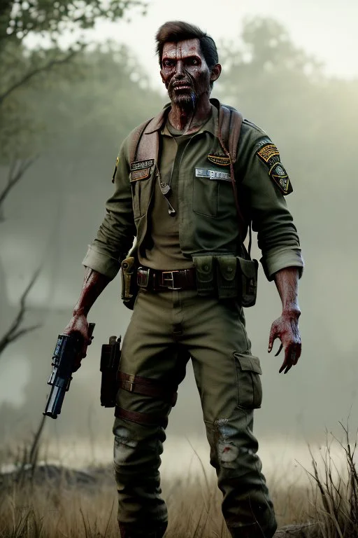 photorealistic, digital image, 12k ultra high definition, highly detailed,cool looking zombie with human features ,he is a wildlife ranger, ripped ranger clothing,nail scratches,wiild hair, close-up action shot of him, mysterious , exploding dramatic and chaotic background