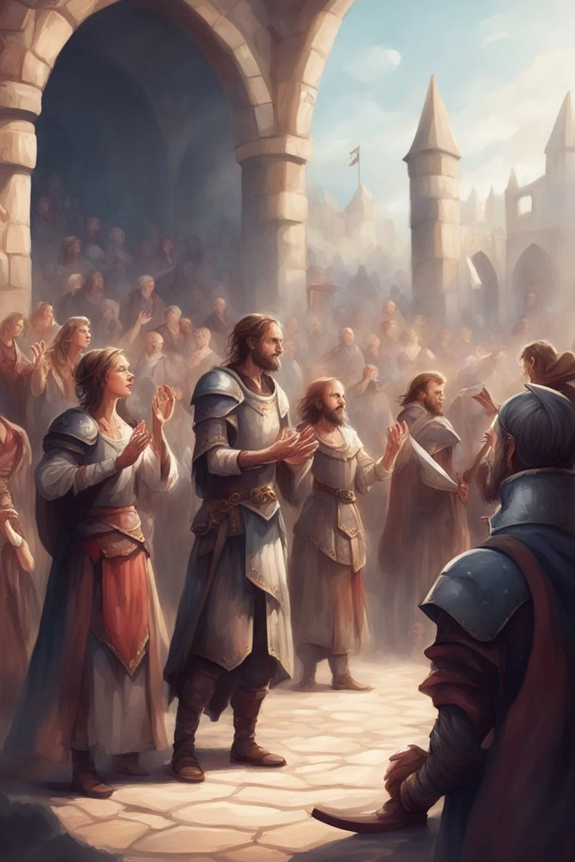 illustration fantasy medieval people applauding in arena outdoors