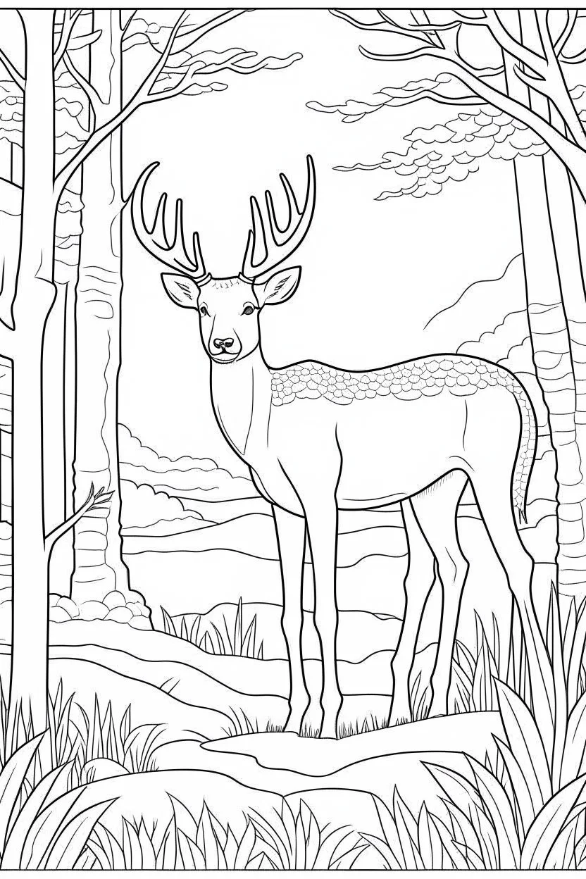 coloring page, woodland retreat, Majestic Deer in the Forest, full view, realistic, coloring page, only draw lines, coloring book, clean line art, –no sketch, color, –ar 3:4, white background, minimalistic black lines, minimal black color, low level black colors, coloring page, avoid thick black colors, thin black line art, avoid colors, perfect shape, perfect clear lines,