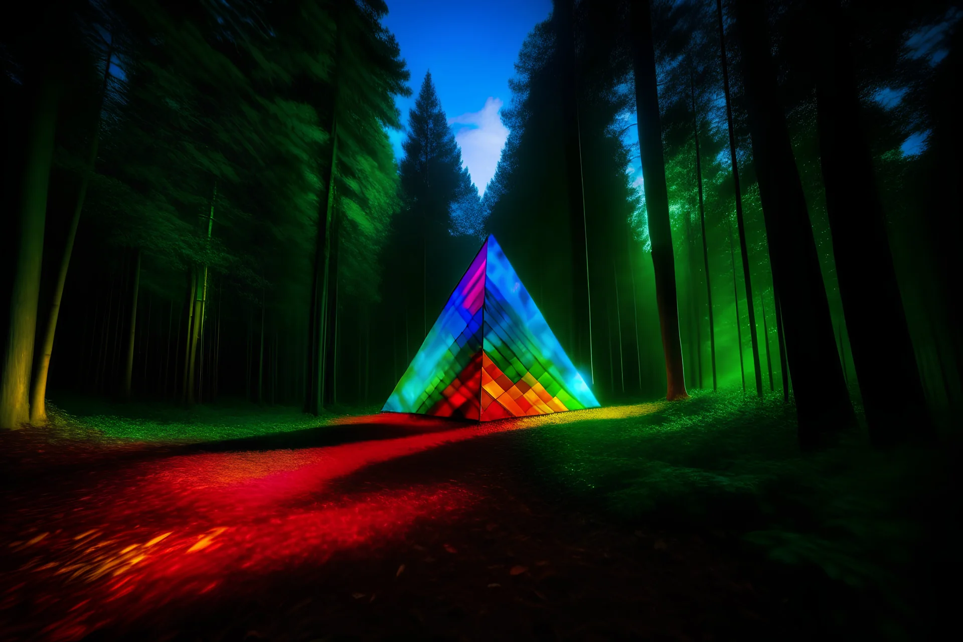 A giant multicolored prism emitting lights in the middle of a forest