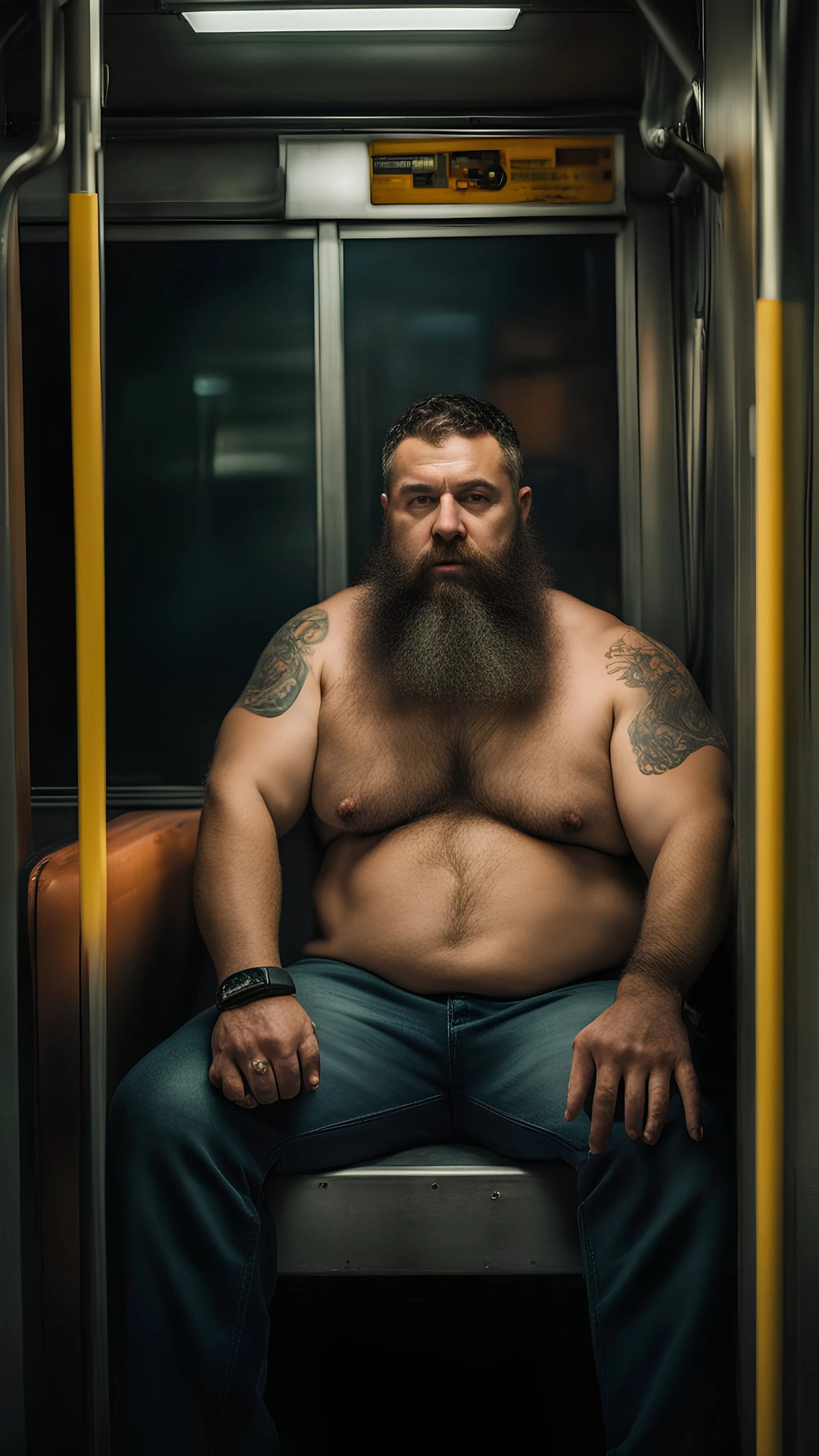 half figure photography of an ugly sweat turkish burly muscular chubby strong man 41 years old with long beard, short curly hair, tattoo, manly chest, hairy , ajar mouth, photorealistic ,shirtless, bulging shorts, side light, sitting inside a wagon on a crowded subway , neon lights, frontal view from the ground