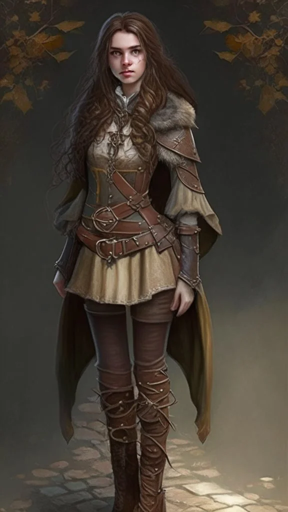 girl, brown hair, Her eyes are brown, she wears fantasy medieval clothes, she is slim, full body with boots