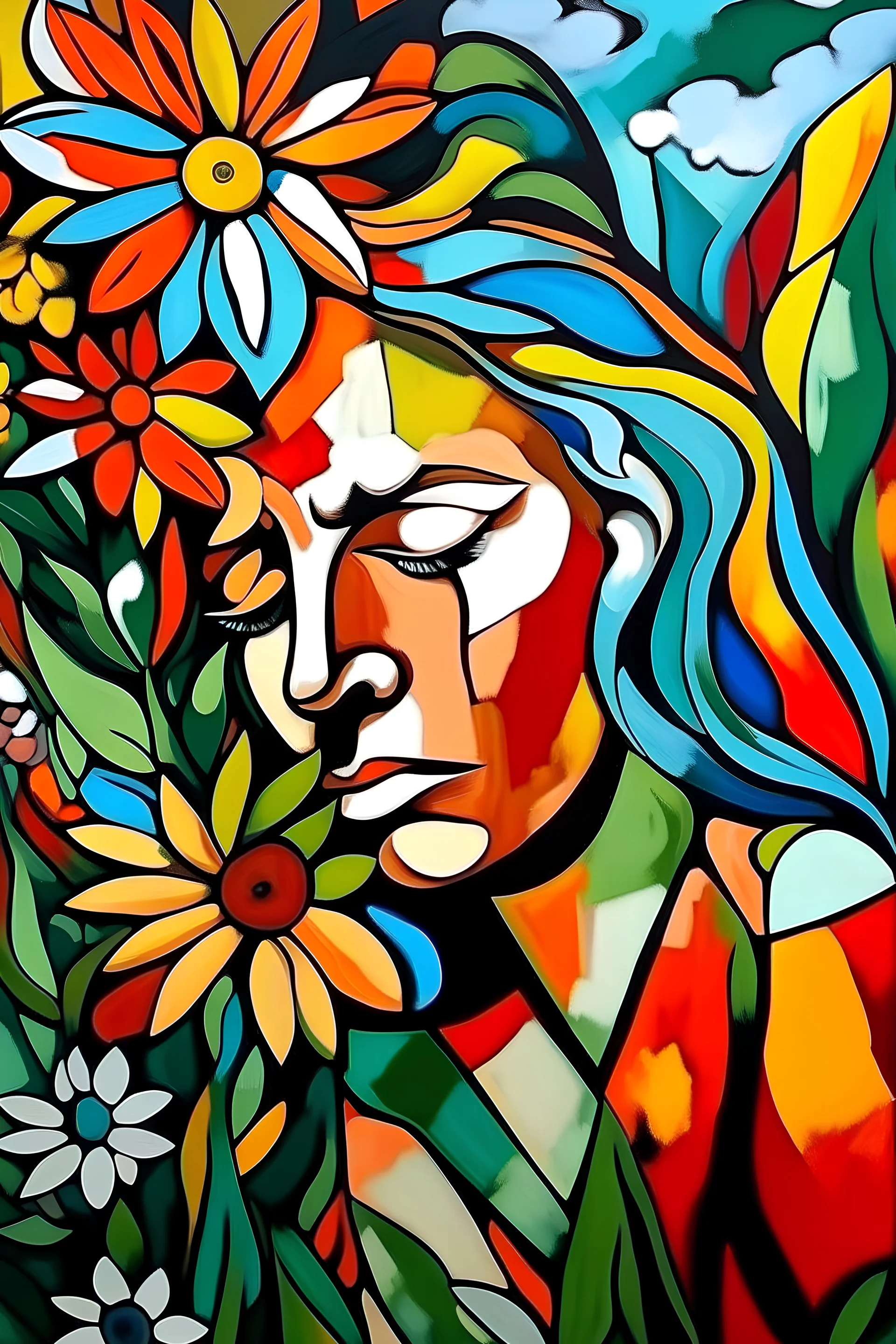 Mujer cansada en un paisaje floral al estilo de Pablo picasso