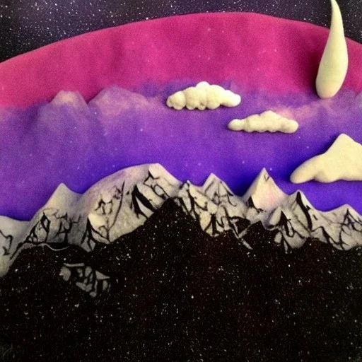 Claymation mountain skyline,Rudolph the red noise reindeer, beautiful, pastel blues and purples, white, aurealis borealis, night, claymation moon, clouds, stars, winter