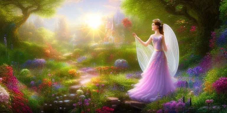 bright fairy, beautiful portrait, flowery landscape