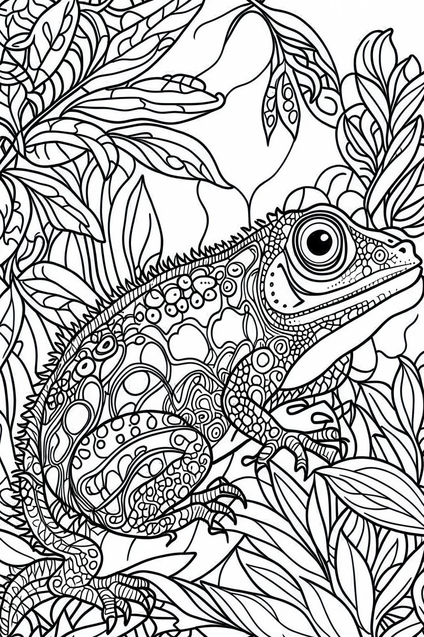 DRAW TO COLORING OF A CHAMELEON ON A JUNGLE, BLACK AND WHITE CARTOON STYLE, FEW DETAILS, THICK LINES, NO SHADING LINES