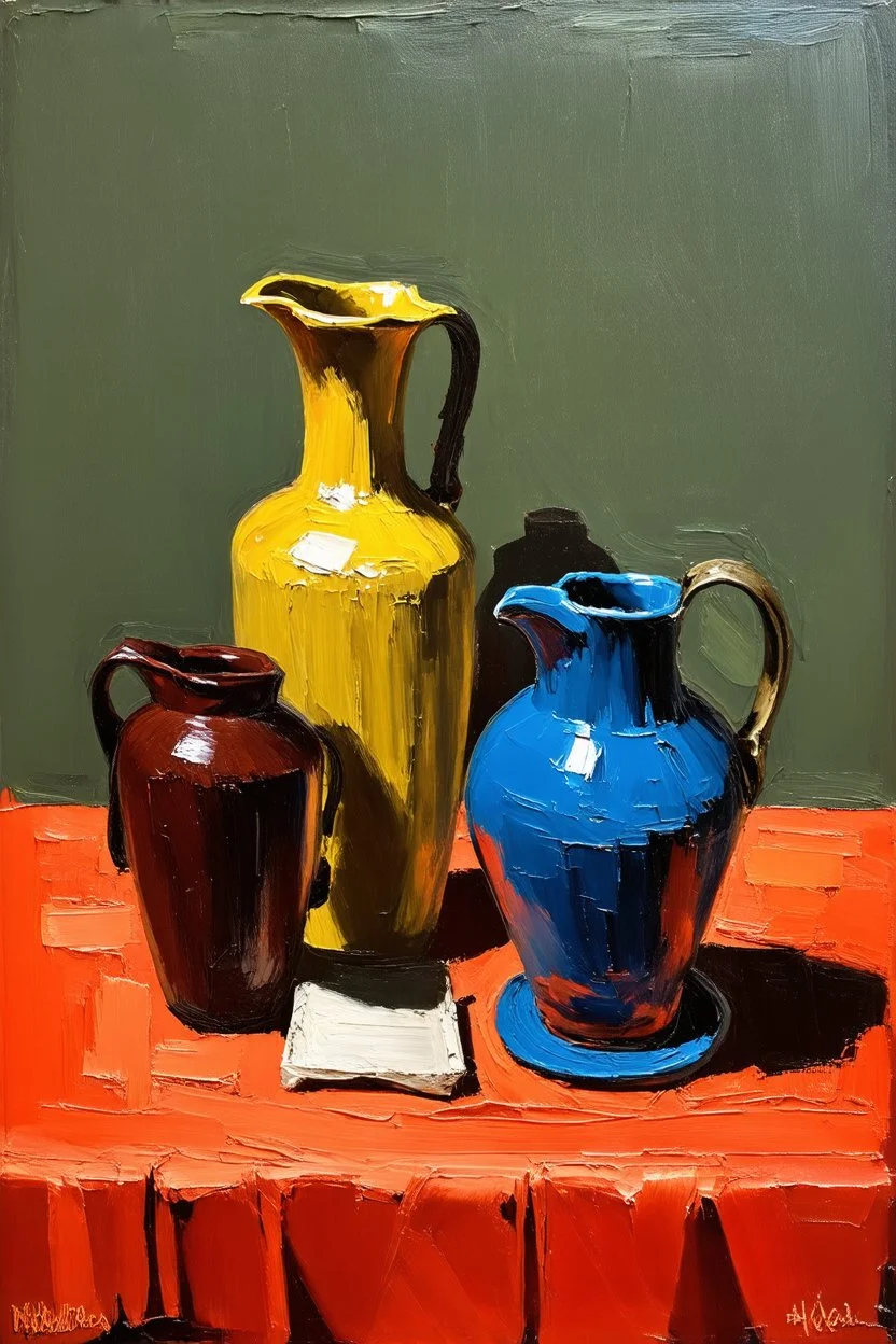 Oil painting of Vases and jugs in the style of frank Auerbach