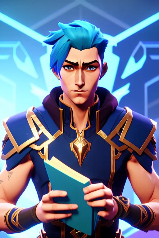 a human male with blue short hair and blue wings in an assymetrical armor with geometric patterns and a book in hand