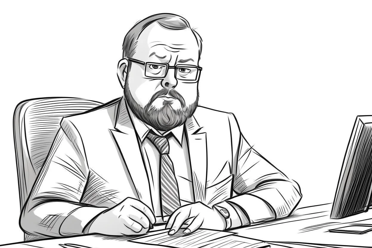 big russian man sitting at desk, portrait, speech, TV address, nametag, glasses, neck beard, short hair, mustache, suit, no tie; caricature style, black and white; pencil sketch