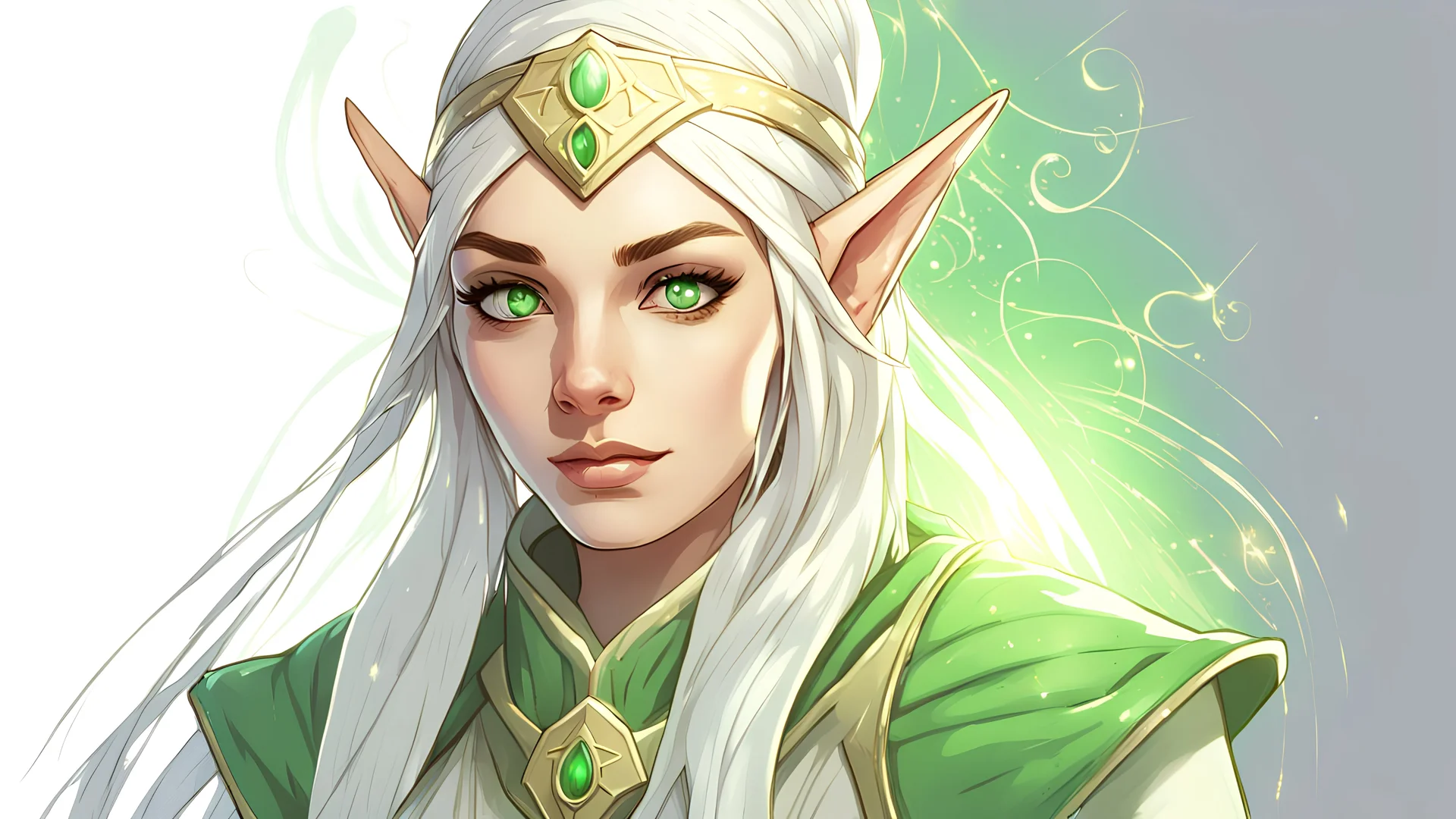 Generate a dungeons and dragons character portrait of a female elf who is a cleric of the moon with dark hair, tan skin, green eyes and is surrounded by holy light