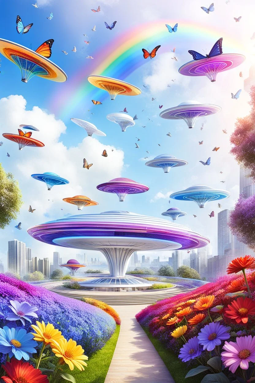 colors, very beautiful, flowers garden,rainbow, cité très futuriste ultra moderne, ufos rainbow, ufos fleet, intergalactic, birds, butterfly