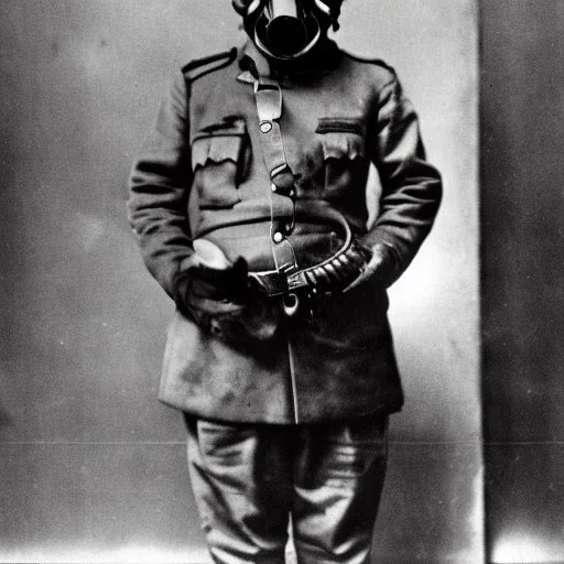 Japanese war general wearing a gas mask holding an AK 47 during world war 2