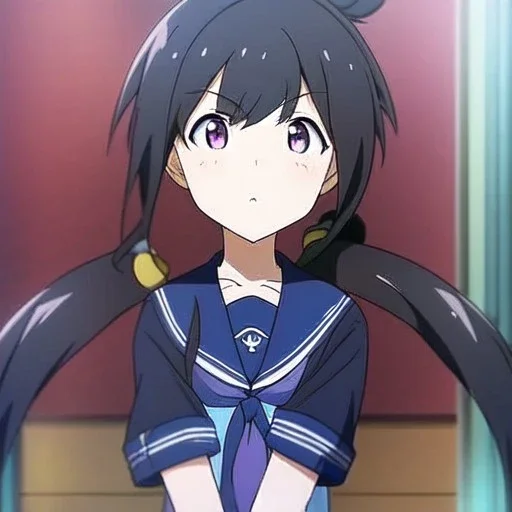 Clear focus, High resolution, short black fluffy hair, long locks, chopped bangs, pony tail, purple eyes, wearing a sailor uniform, (solo), anime screencap