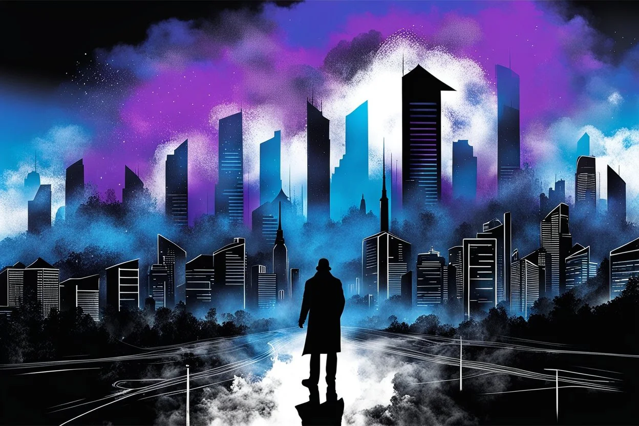 A vibrant blue energy betwen the houses, a deep black, purple sky. the essence of the energetic and captivating , in nightly scene in the higtech cyber city where a human siluette standing in fog, looking to the city. On towers codes languages. surrealism and minimalism, abstract symbols, splash art, black drawing with ink, blurring effect