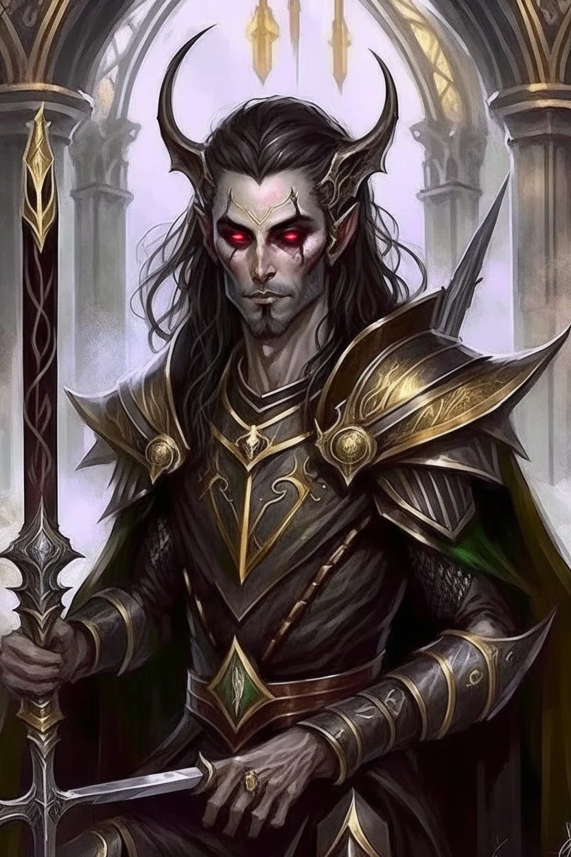 sits on the throne, full length, mantle, black cloth, dark green eyes, holding a long spear with his left hand, human skin,