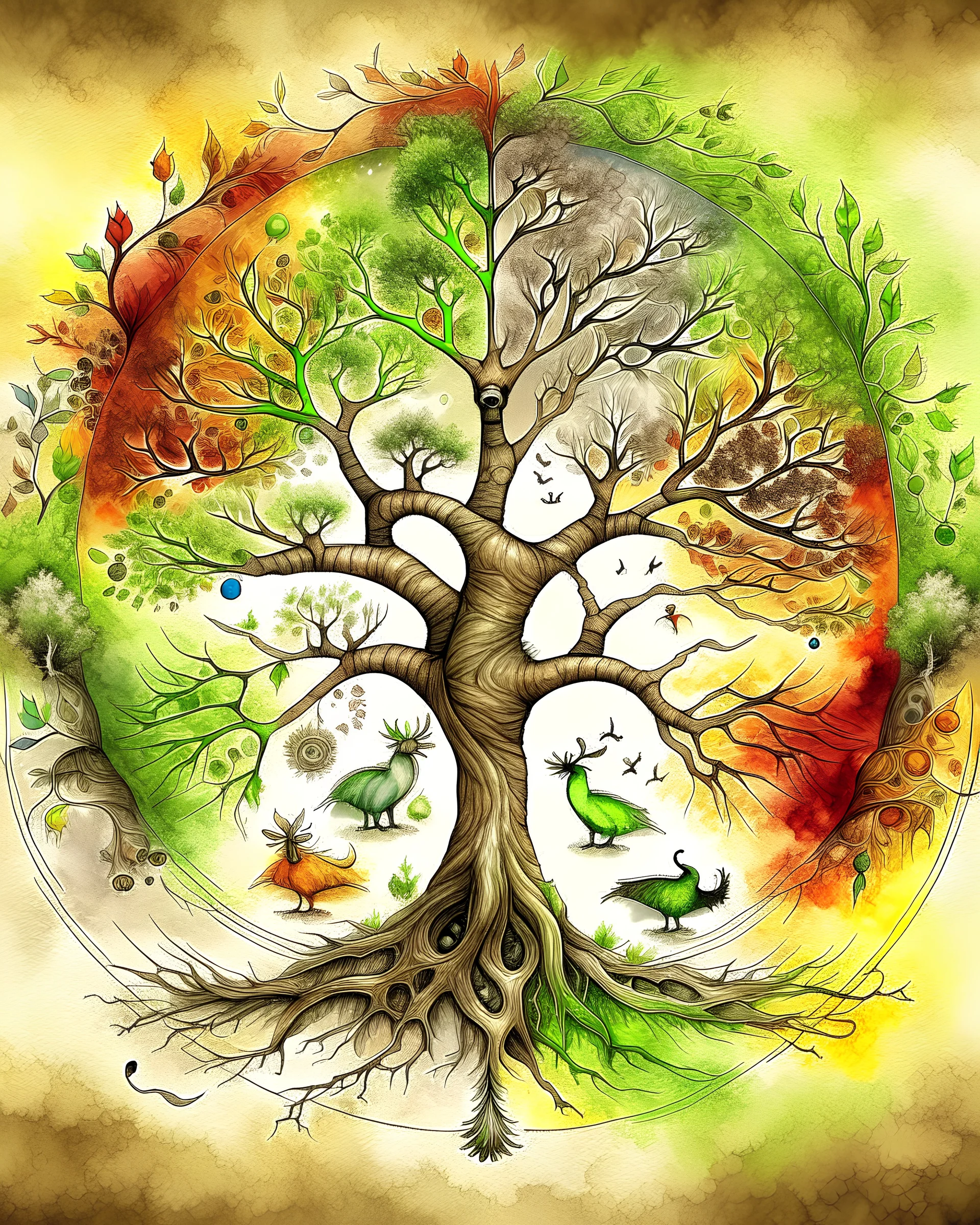 The tree of life is made of the four seasons of spring, summer, autumn, winter, along with light, water, fire, wind, soil and love