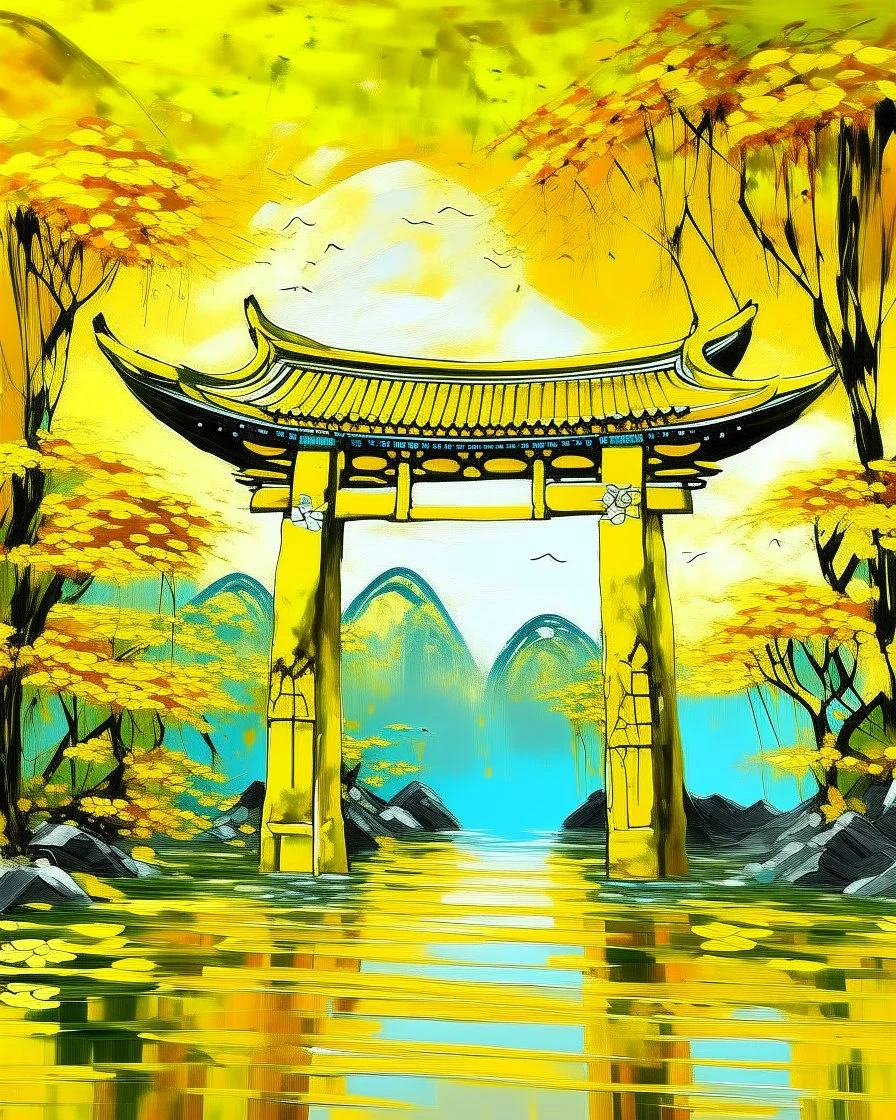 A yellow peak with torii gates in daylight designed in ancient Egyptian hieroglyphics painted by Claude Monet