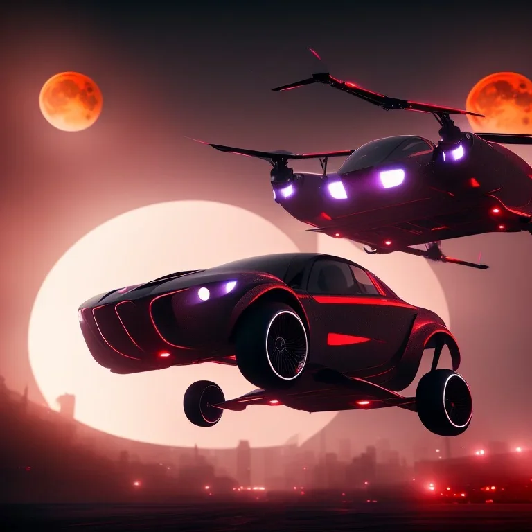 flying car in the city ,night, blood moon, atmospheric , 8K, super realistic, unreal engine, cinematic lighting, octane render.