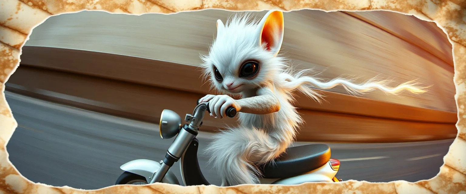 3d airbrush render, white fluffy gnome native panda elf alien dodo on insane fast scooter, pinhole cam, airbrush 3d rendering, in the style of Titian and Dali , torn egg shell edges on border