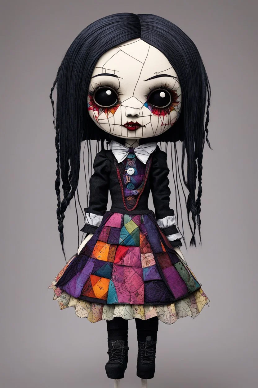 full color, full body illustration of a dark menacing Victorian goth vampire girl, ala Wednesday Addams, as a crude homemade patchwork cloth doll toy, with contrast stitching across her patchwork face, hair made from ragged strips of multicolored cloth, art in the style of Alex Pardee