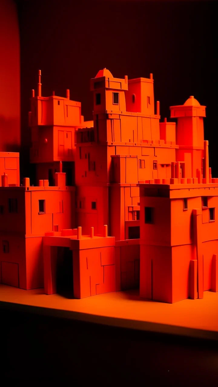 A dark orange colored plasmatic fortress with batteries painted by Stuart Davis