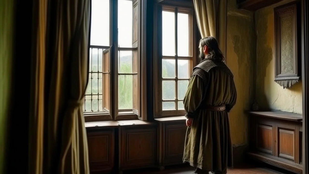 Rear view of an Andalusian commander standing and contemplating in his room in front of the window in the year 1490