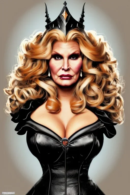 painting of jennifer coolidge as evil queen in black leather, feminie, angry, stern look on her face, volouptous, busty, cleavage, emperious, mature, highly detailed, digital painting, artstation, concept art, smooth, sharp focus, illustration, art by gaston bussiere and alphonse mucha