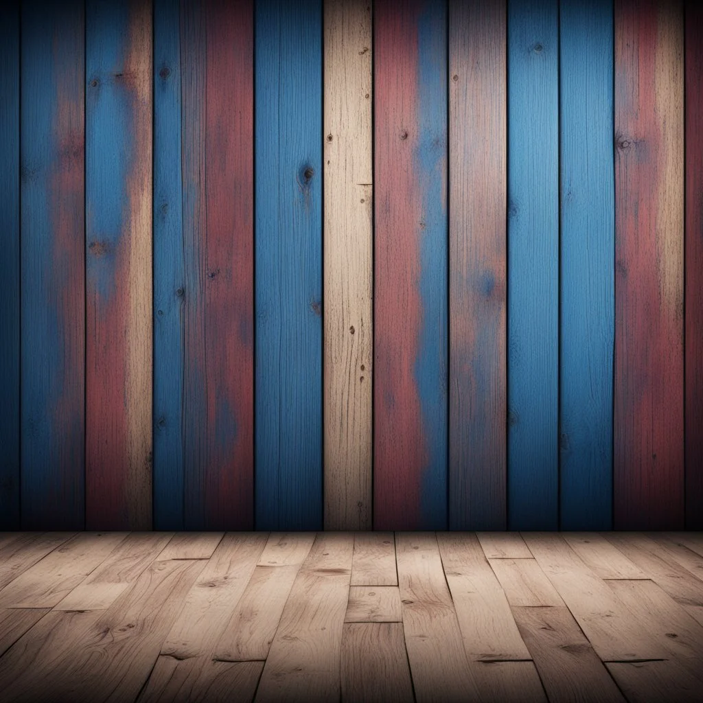 Hyper Realistic navy-blue & maroon multicolor grungy rustic wooden plank wall texture in an empty room with vignette effect