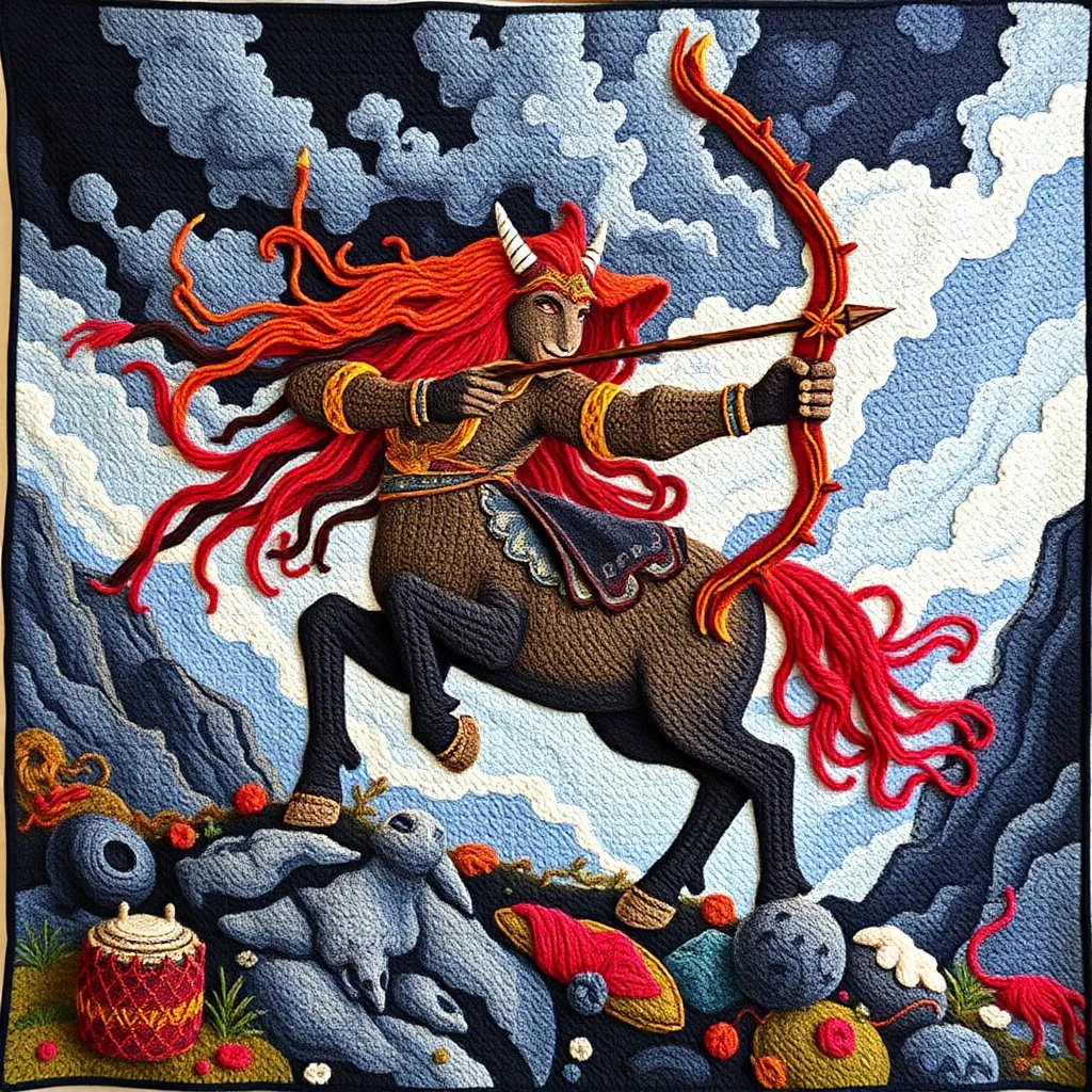 crochet yarn art, quilt depicting a Male Centaur aiming a bow and arrow in a fantastical setting, colorful yarn, extreme contrast, concept art, stunning, dramatic, intricate details, reminiscent of the stylized concept art of Ash Thorp, showcasing the beauty of crochet