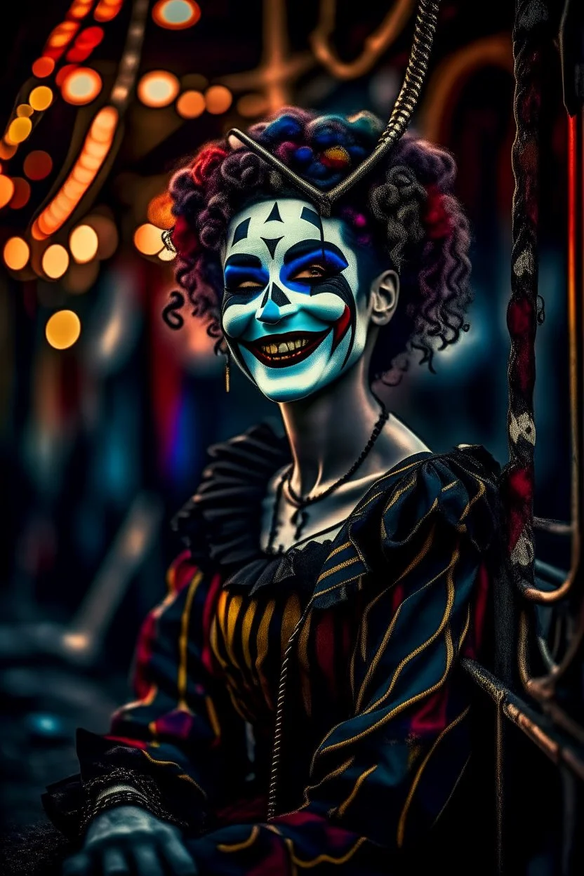 hyper real oil painting portrait of posing laughing dreaming harlequin in cable trolley in goth ruins background, zeiss prime lens, bokeh like f/0.8, tilt-shift lens 8k, high detail, smooth render, down-light, unreal engine, prize winning