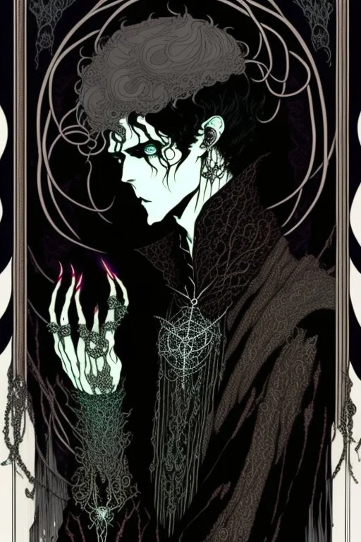 black haired young man necromancer wizard with gothic jewelry and tentacle fingers in the style of Harry Clarke