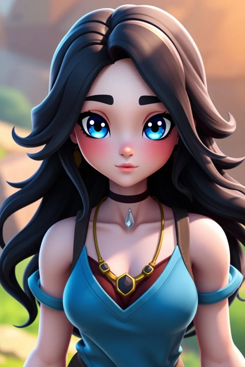 Beautiful; stunning; Blue eyes, long wavy black hair, pale skin character in fortnite (fortnite video game), (vivid), ((fortnite cartoon character)), fortnite animation, fortnite skin, (magic mosses map), full body shot, bright and dynamic coloring, (fortnite epic games), semi realistic