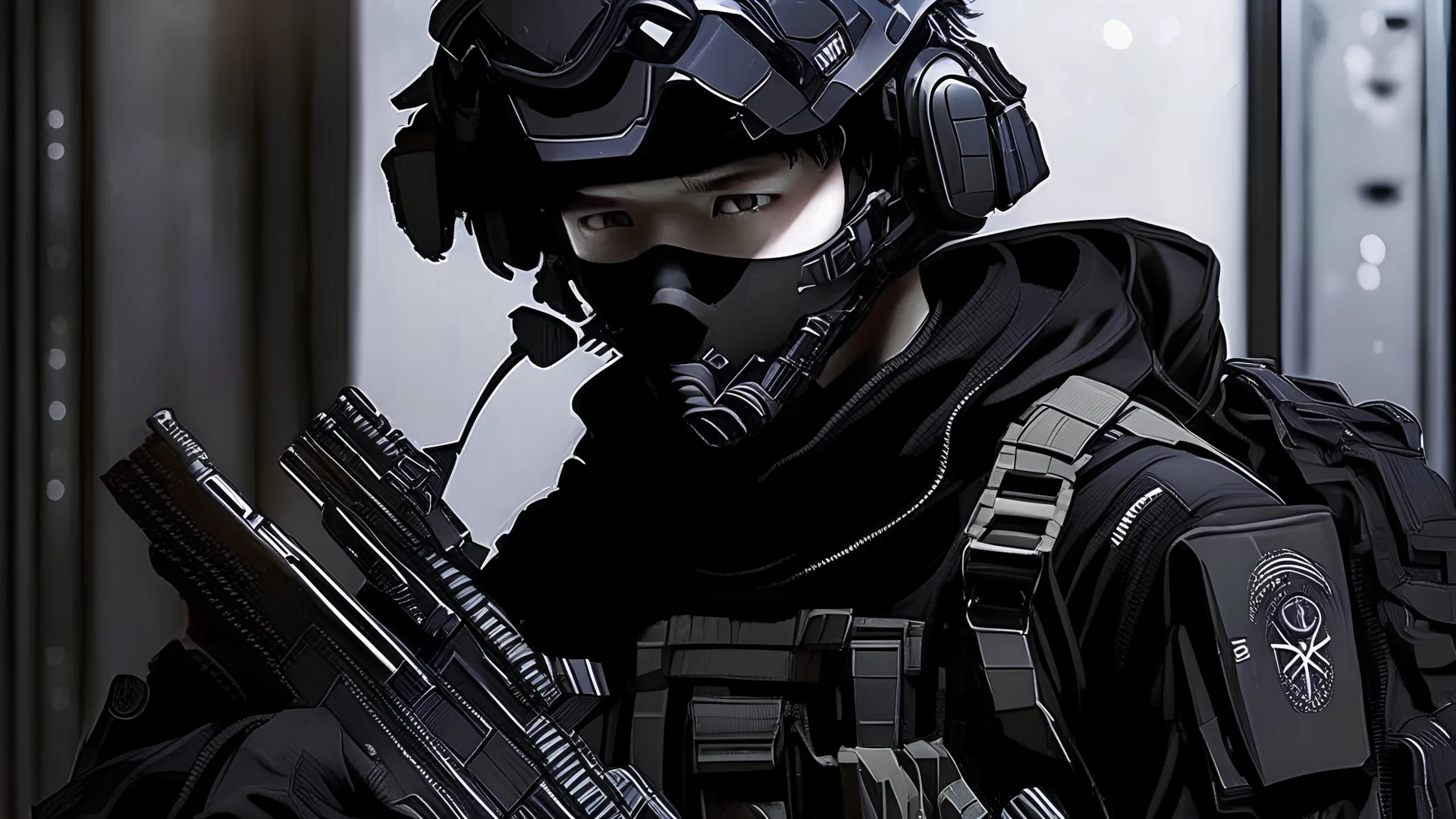 A strong teenage boy, wearing black tactical gear, works in a top secret Mobile Task Force Alpha-1 from SCP Foundation.