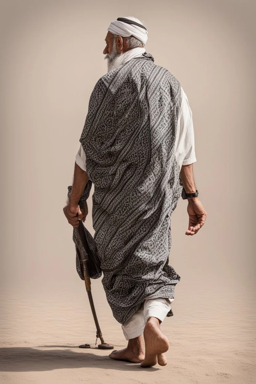 An old man wearing an Arabic keffiyeh, his back bent, walking barefoot, holding his cane upside down, looking back and holding his shoe in his hand.