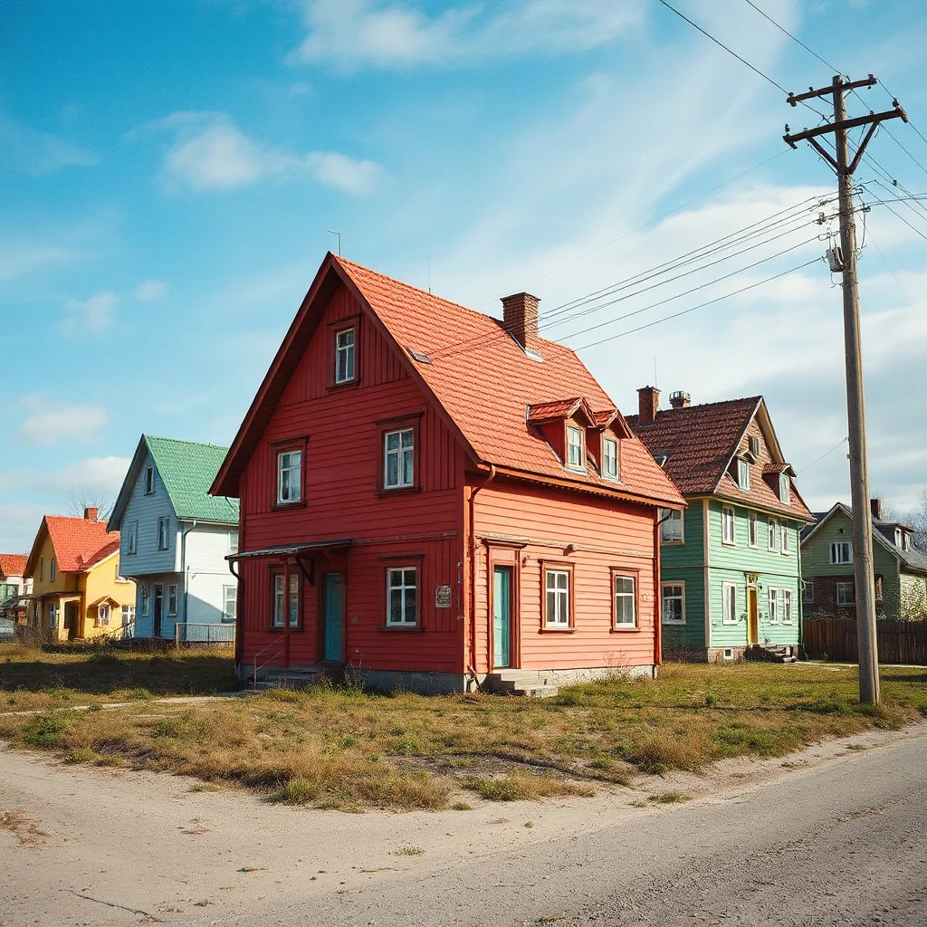 Fotografia di strada random assurda e Moldavia Transnistria Adighezia weirdcore dai colori vivaci. Non luogo falso, inusuale. Max Ernst. Le case sono false e dipinte di chiaro con cose stilizzate e dettagli. Ci sono strane. , che danno un senso distopico e molto surreale, disposte in modo casuale. L'atmosfera generale sembra noiosa e onirica, con un contrasto tra elementi reali