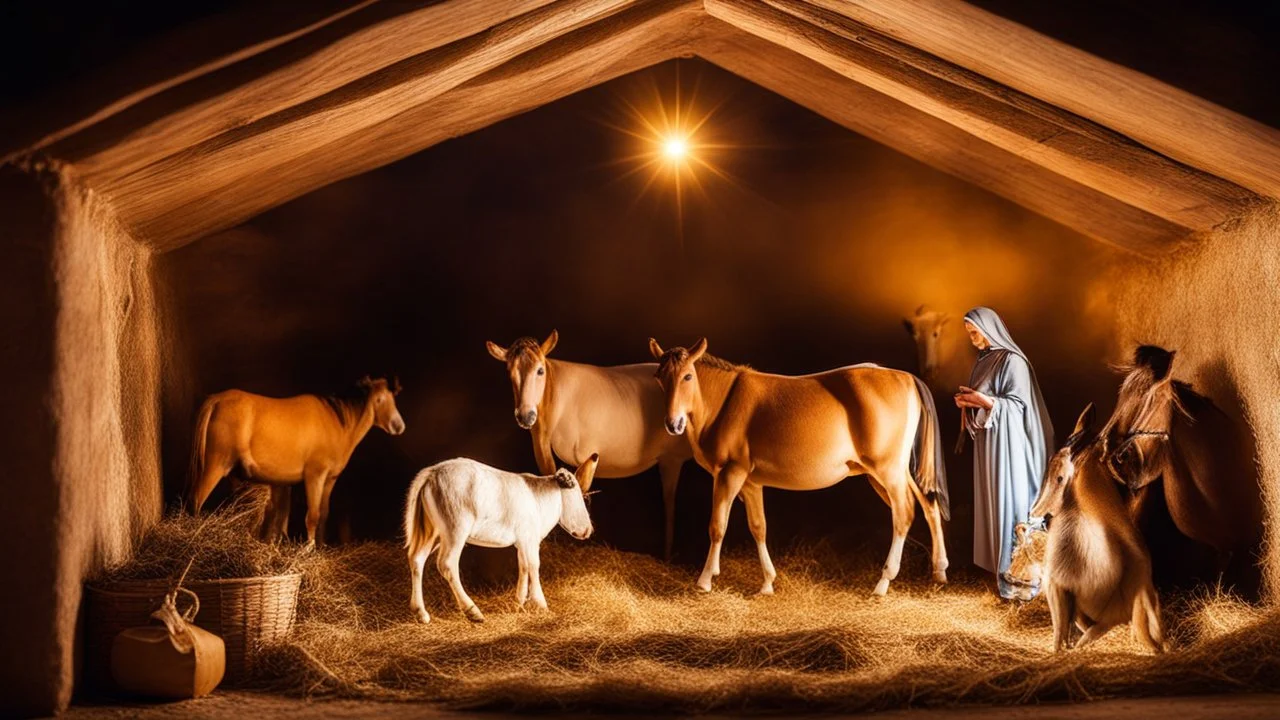 Traditional Christian nativity scene in the stable, baby Jesus in manger, Mary, Joseph, cow, donkey, shepherds, night, holy, beautiful, cozy, high resolution photograph