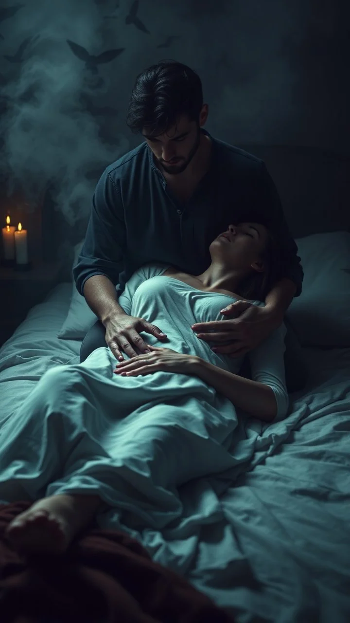 Remy Cogghe painting style, a trajectory a man holding his woman she is dying , she is laying down on bed in a foggy smoky background, in dark room with a dim candles light , 4k, high quality photography