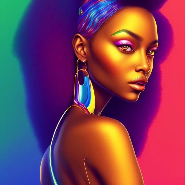 Portrait of beautiful black woman, illustration, bright colors, long curly hair