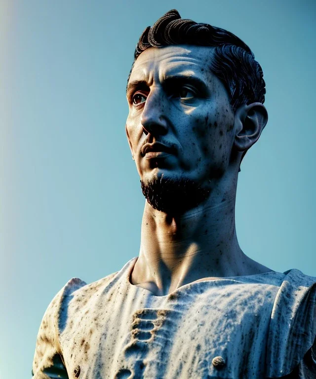 Ultra Realistic image, roman sculpture, marble deluxe material, Angel di maria soccer player, Greece Laurel crown, miguel angel style, chisel style, emperador, waist up portrait, cinematic lighting, God light, god rays, 4k resolution, smooth details, ornate details, soft lighting, unreal engine 5, sky background.