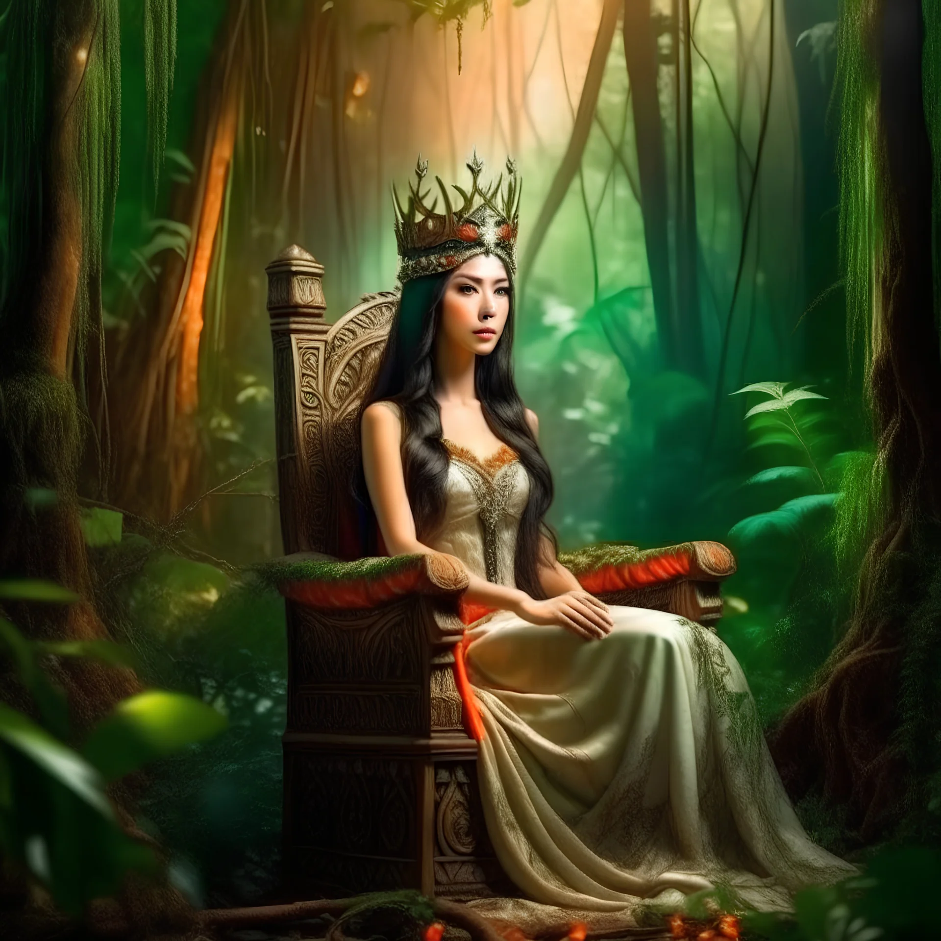 A beautiful as a model asian woodland elf princess seated on a throne in a mystical forest