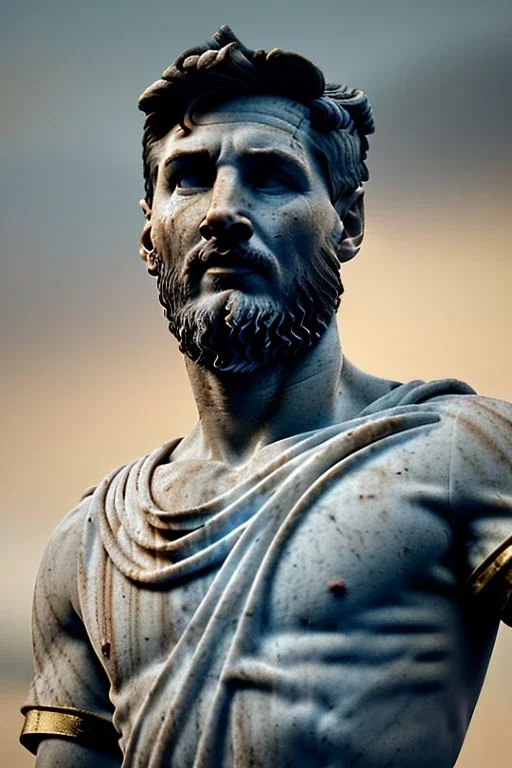 Ultra Realistic image, roman sculpture, Calacatta marble material, Lionel Messi, gold Laurel wreath, Renaissance style, miguel angel David style, chisel style, emperor, waist up portrait, epic, celestial, cinematic lighting, God light, god rays, 4k resolution, smooth details, ornate details, soft lighting, unreal engine 5, sky background.