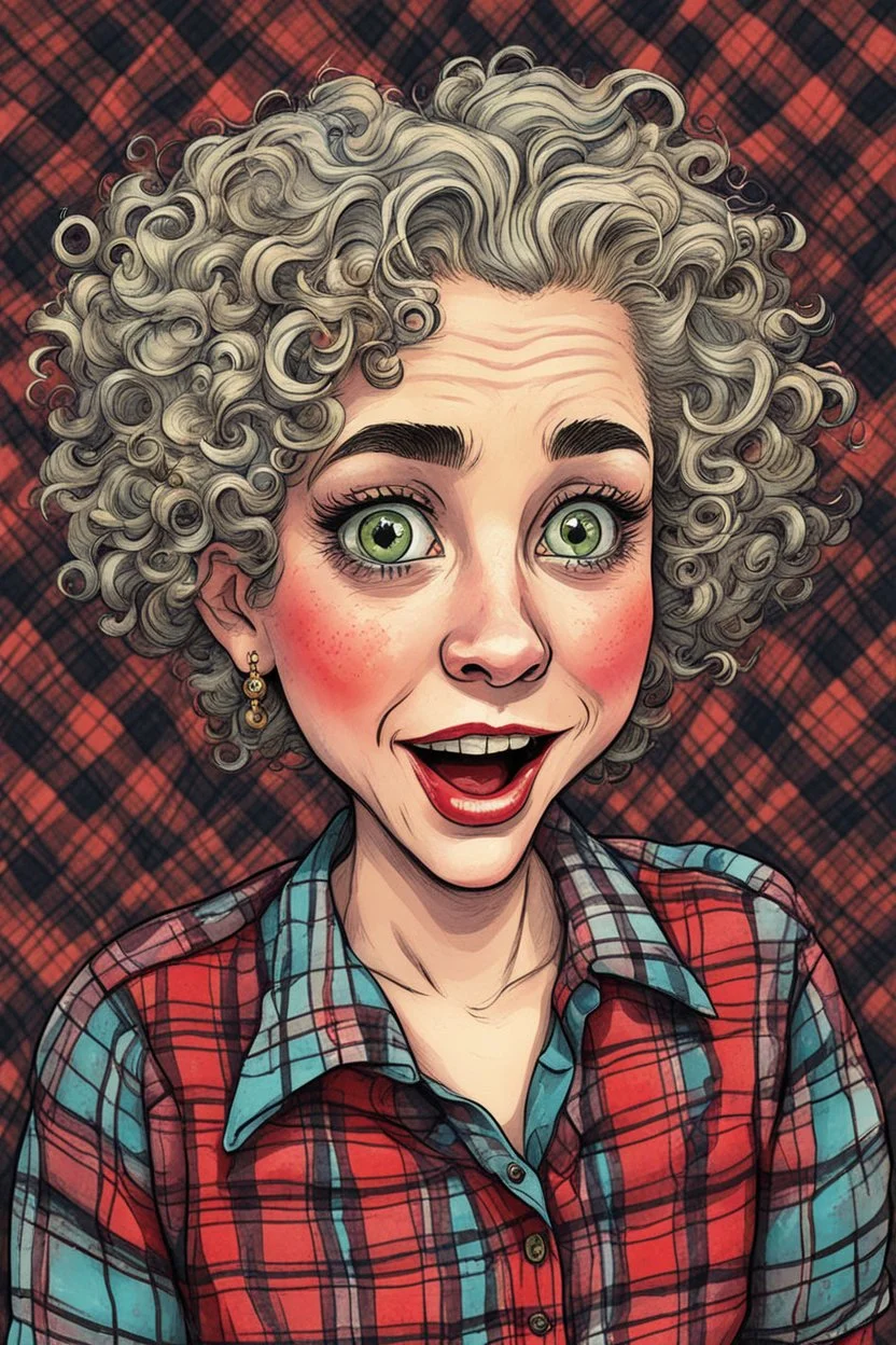 a cartoon illustration of a schizophrenic curly, short haired vampire girl in a plaid flannel shirt, in the cartoon style of Lynda Barry , Ernie Pook's Comeek, vibrant natural colors, , museum quality masterpiece