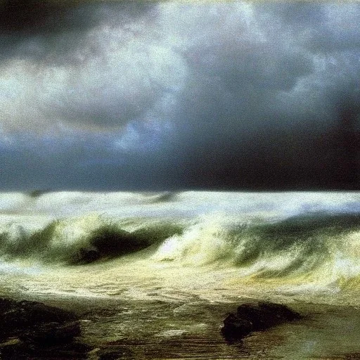 George Inness, painting, ocean, waves, lightning bolts, photo realistic, 8k, storm, blizzard, hurricane