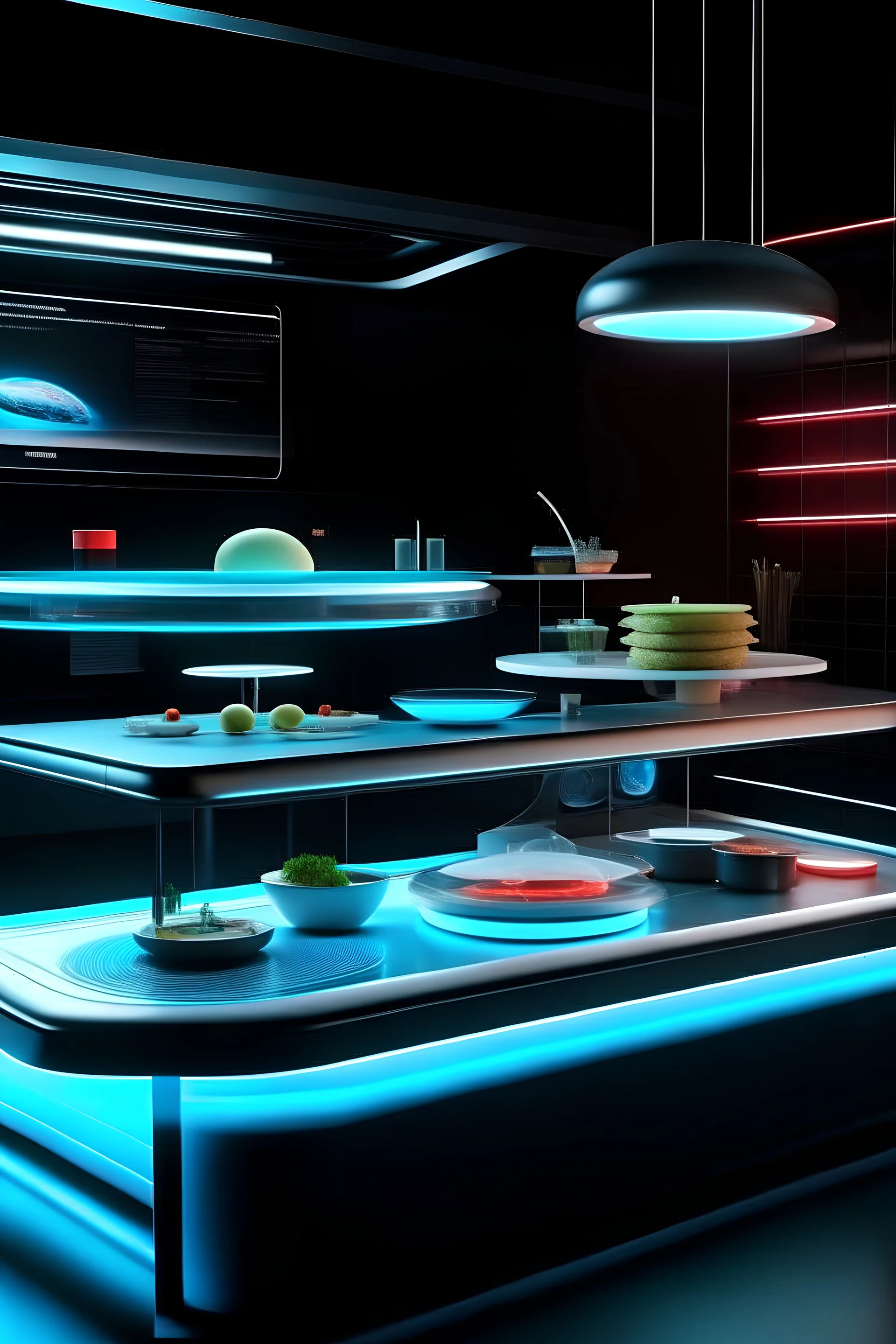 Create a Space-Age Sushi Bar, with levitating sushi platters and holographic soy sauce dispensers. Clean art line, no shadows, clean details